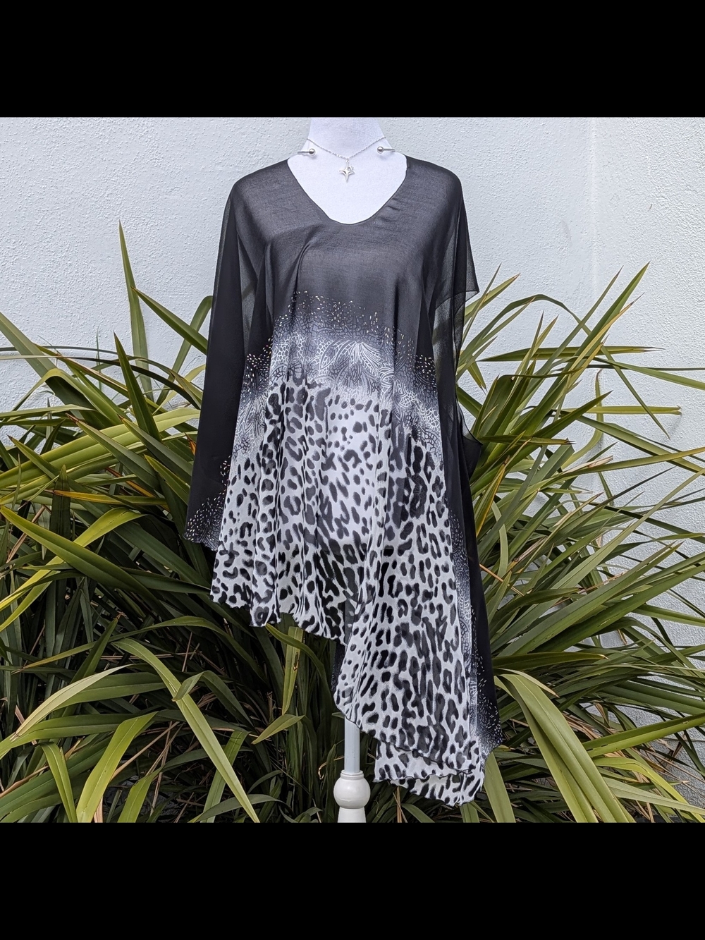 Jams World Leopard Print Asymmetrical Chiffon Tunic Poncho Blouse OS